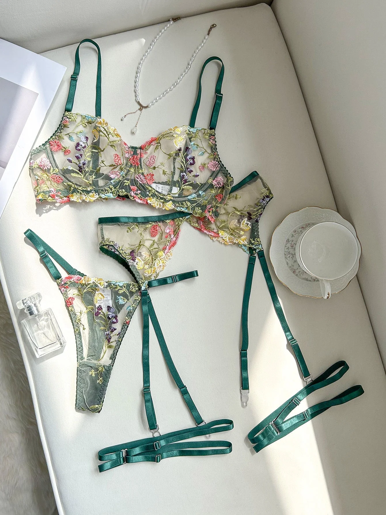 Floral Whisper | Embroidered Multi-Color Floral Four-Piece Lingerie Set - Image 6