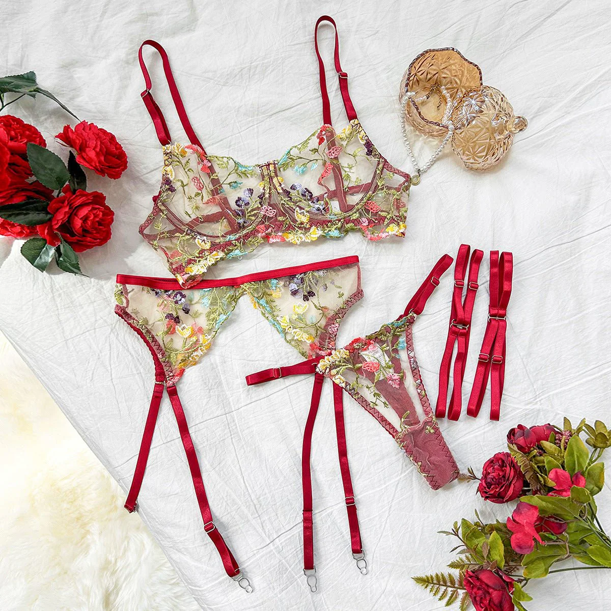 Floral Whisper | Embroidered Multi-Color Floral Four-Piece Lingerie Set - Image 7