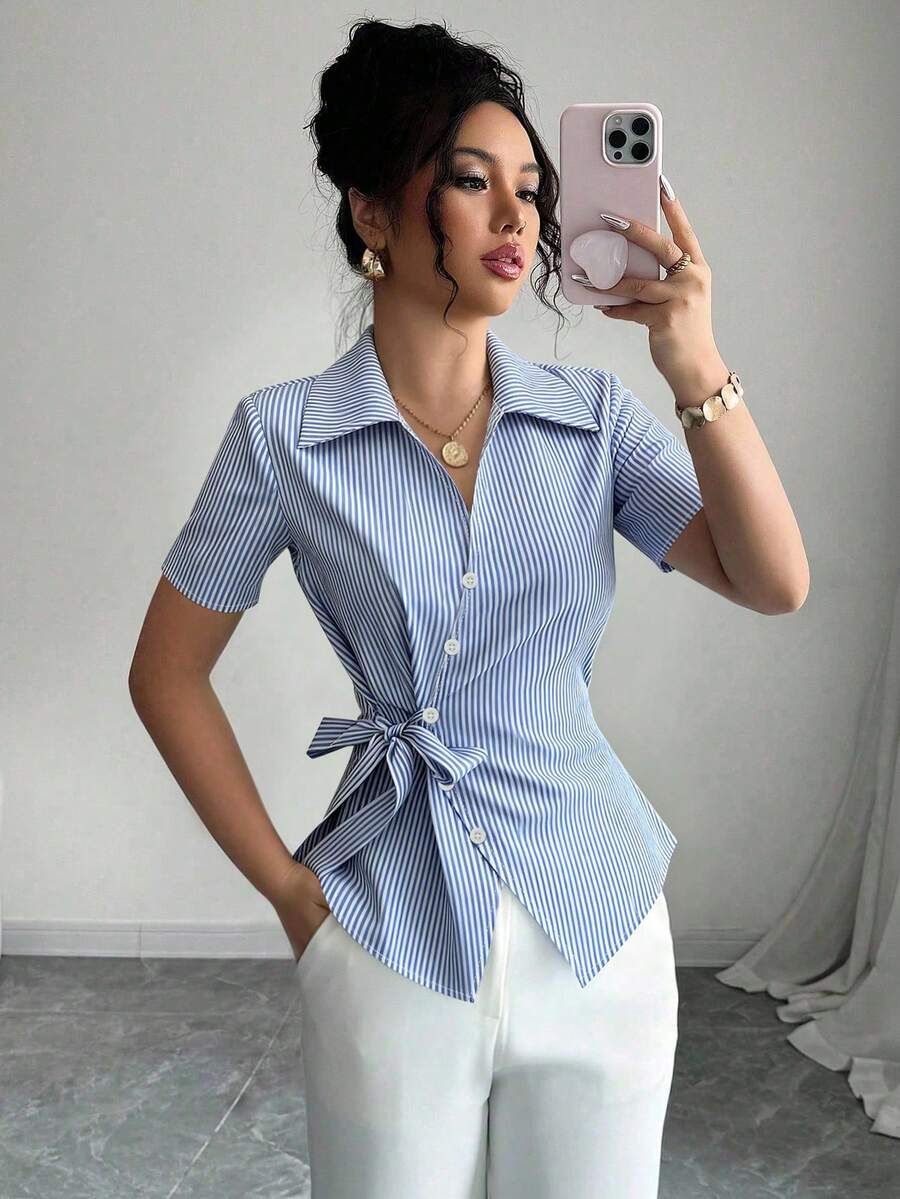 Franclia Elegant Blue And White Stripe Women Shirt - Image 3