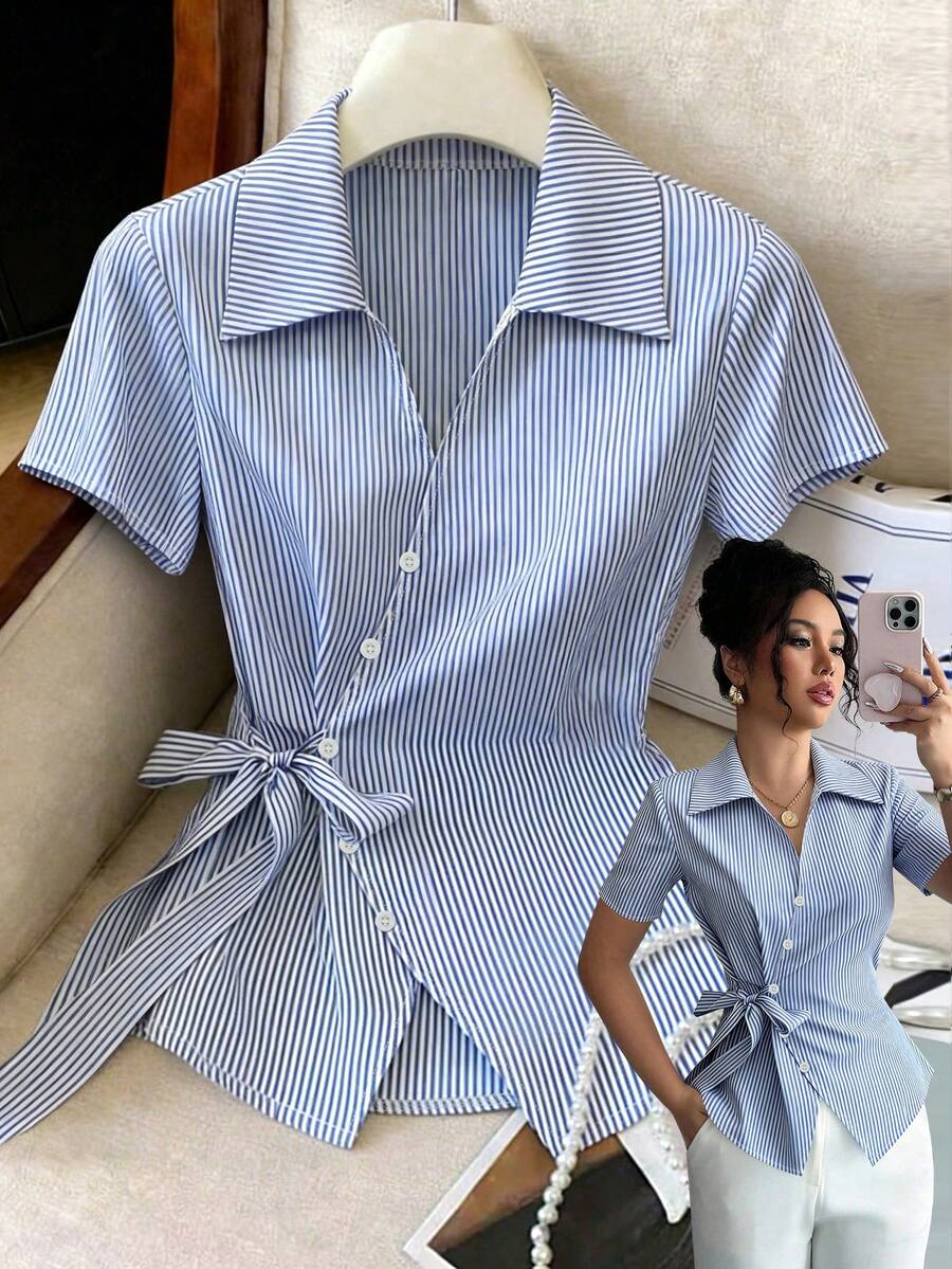 Franclia Elegant Blue And White Stripe Women Shirt - Image 4