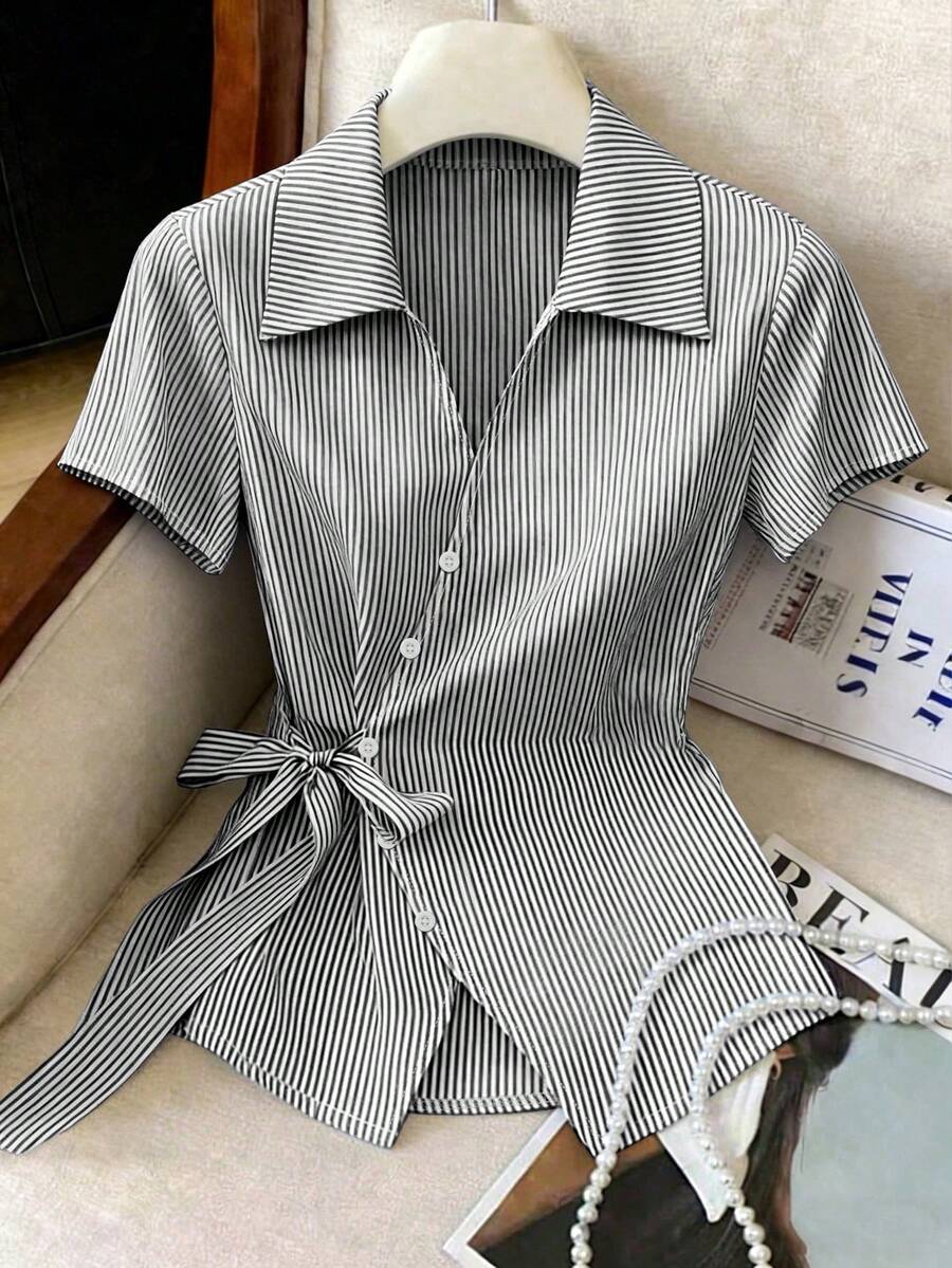 Franclia Elegant Blue And White Stripe Women Shirt - Image 5
