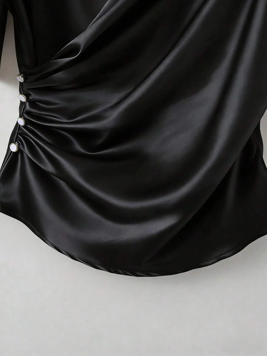Franclia Elegant Satin, Short Sleeve, V-Neck, Casual Blouse - Image 34