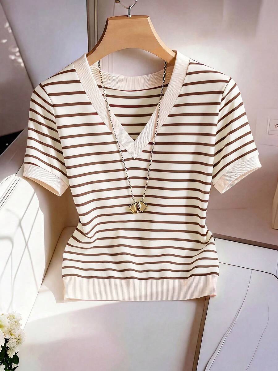 Striped V-Neck Short Sleeve T-Shirt For Women - Image 16