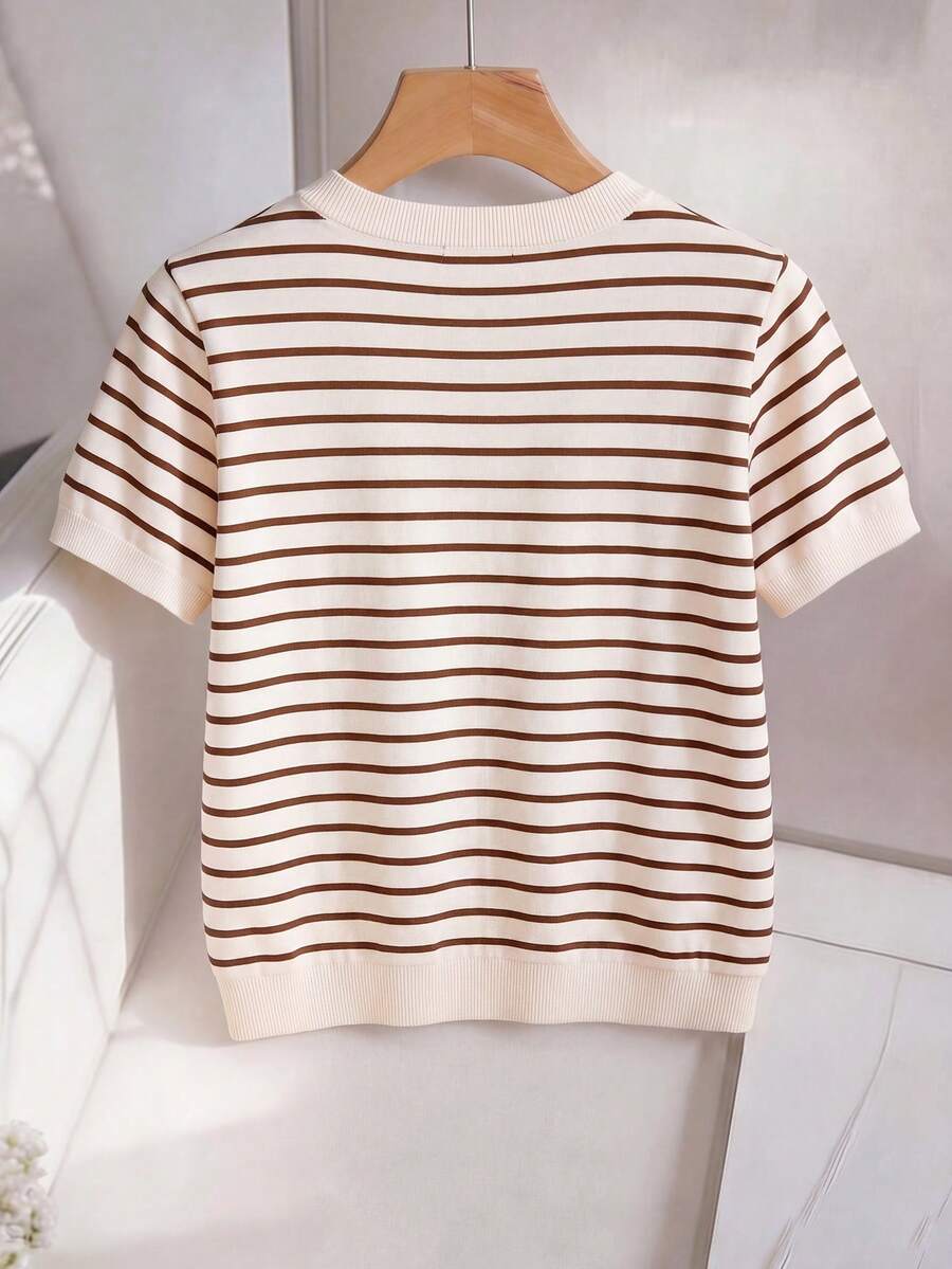 Striped V-Neck Short Sleeve T-Shirt For Women - Image 17