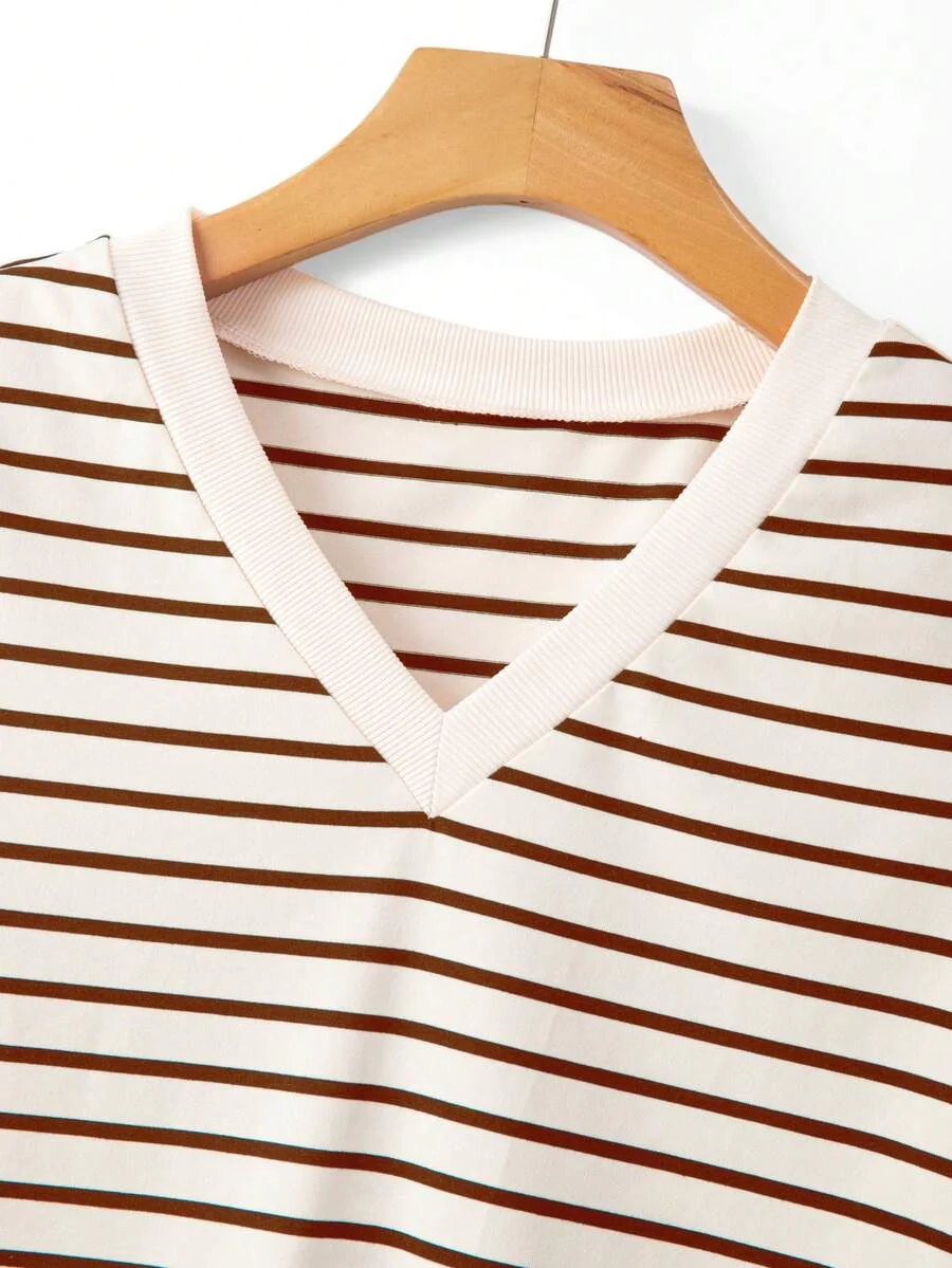 Striped V-Neck Short Sleeve T-Shirt For Women - Image 19