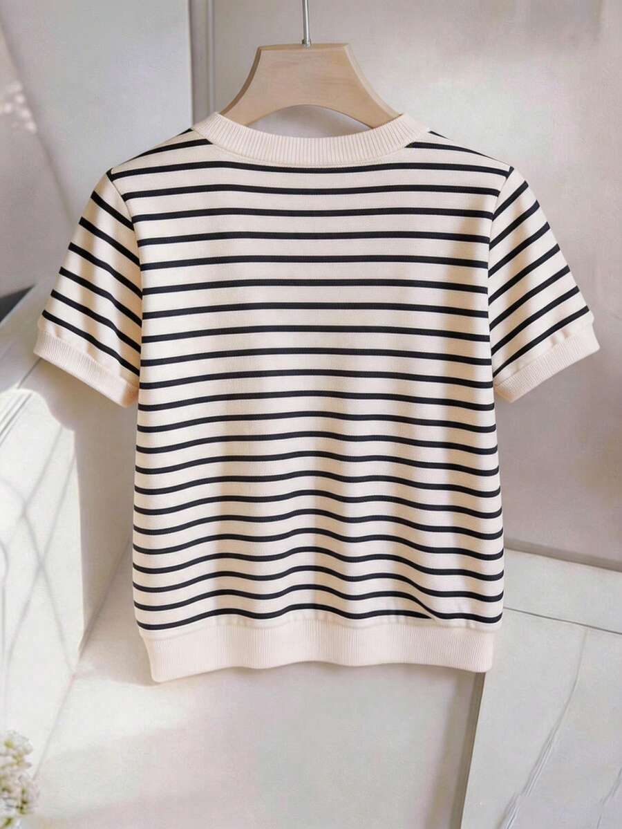 Striped V-Neck Short Sleeve T-Shirt For Women - Image 2