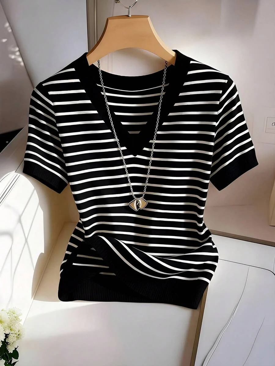 Striped V-Neck Short Sleeve T-Shirt For Women - Image 24