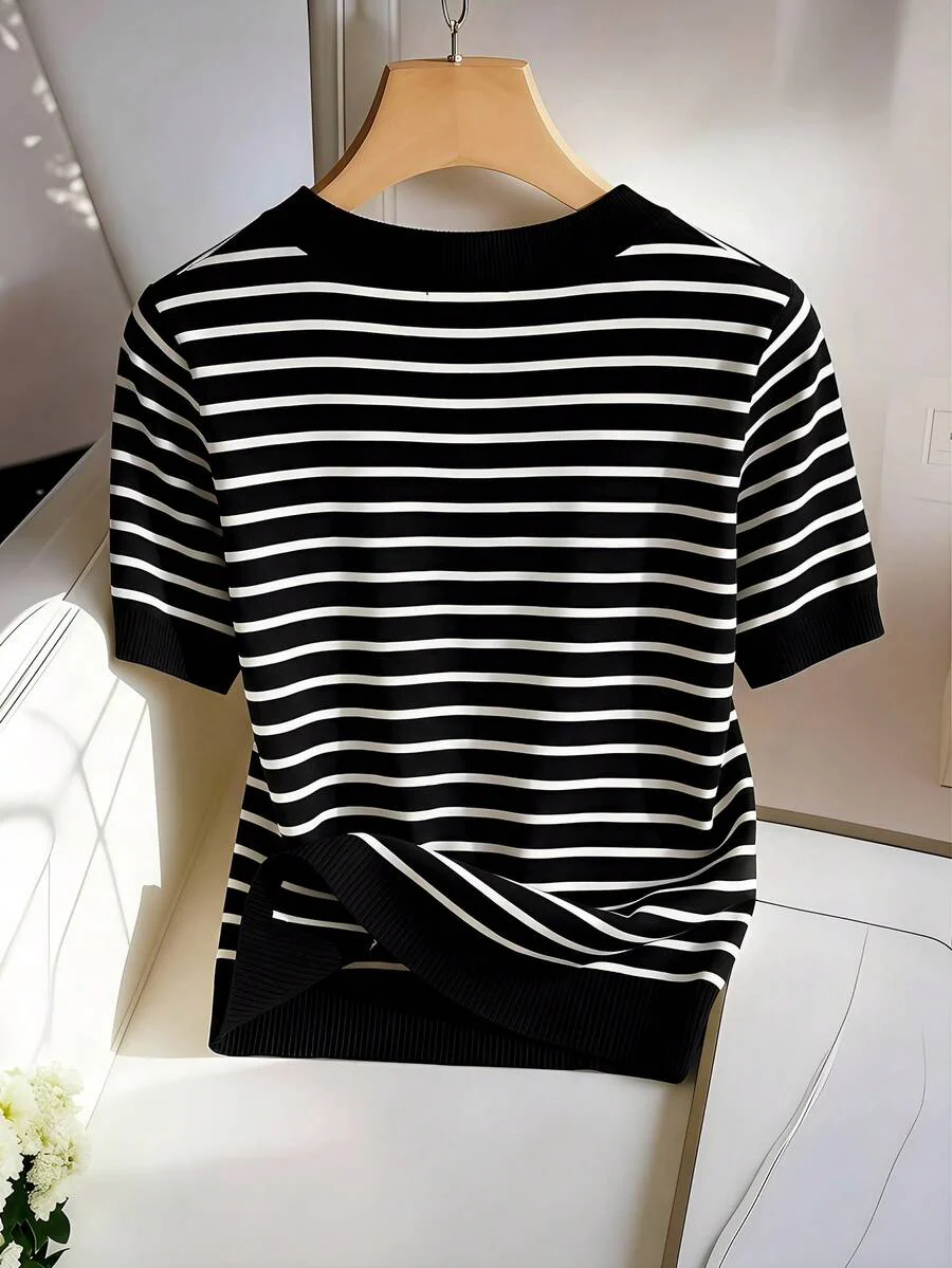 Striped V-Neck Short Sleeve T-Shirt For Women - Image 25
