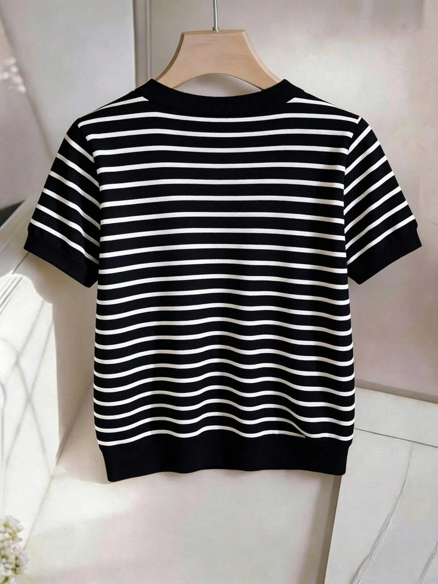 Striped V-Neck Short Sleeve T-Shirt For Women - Image 27