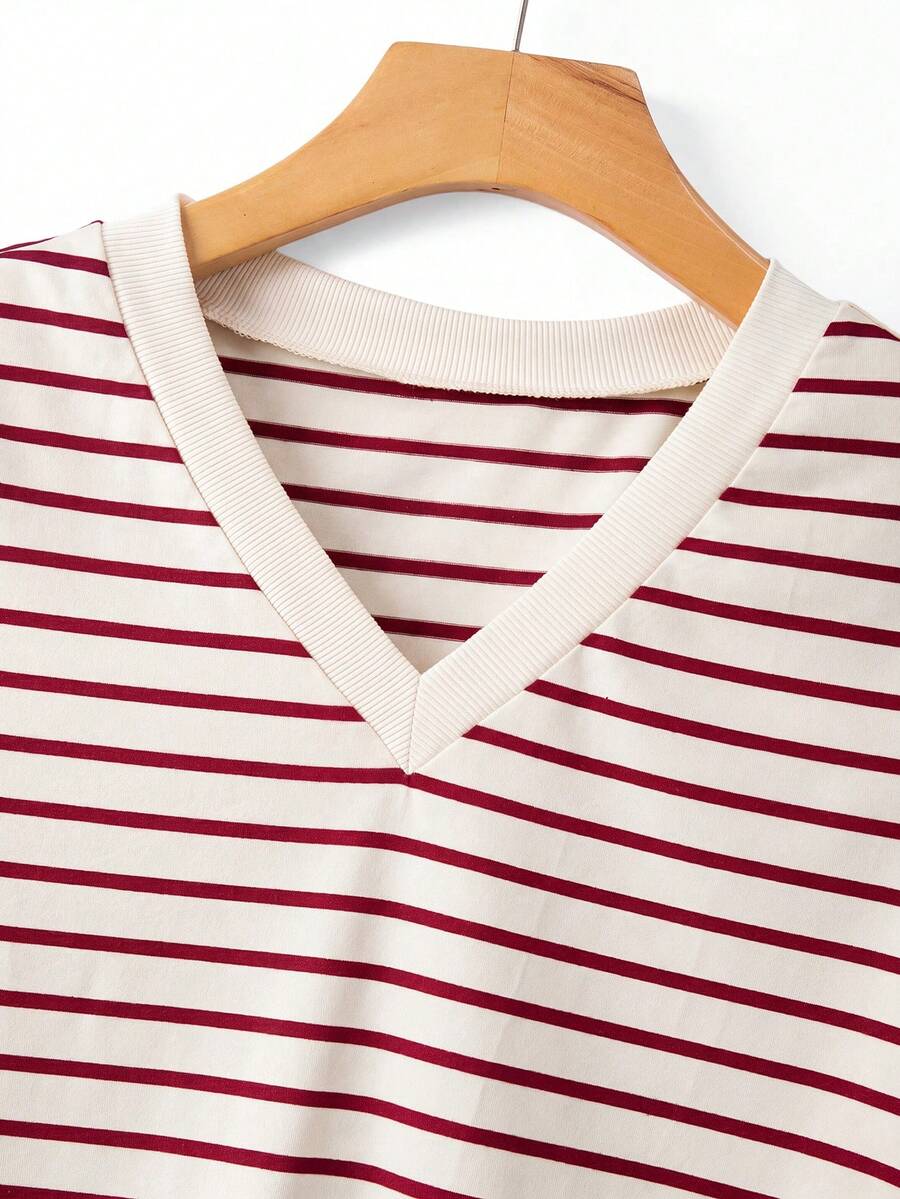 Striped V-Neck Short Sleeve T-Shirt For Women - Image 35