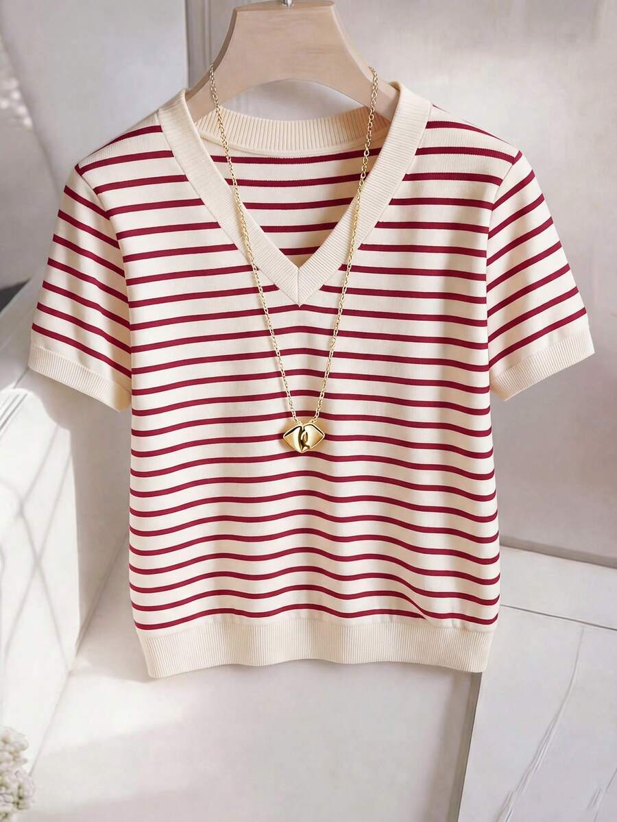 Striped V-Neck Short Sleeve T-Shirt For Women - Image 37