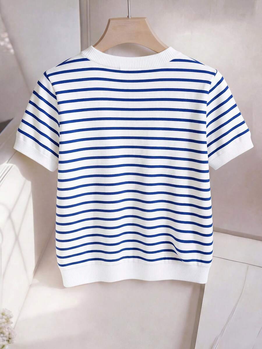 Striped V-Neck Short Sleeve T-Shirt For Women - Image 42