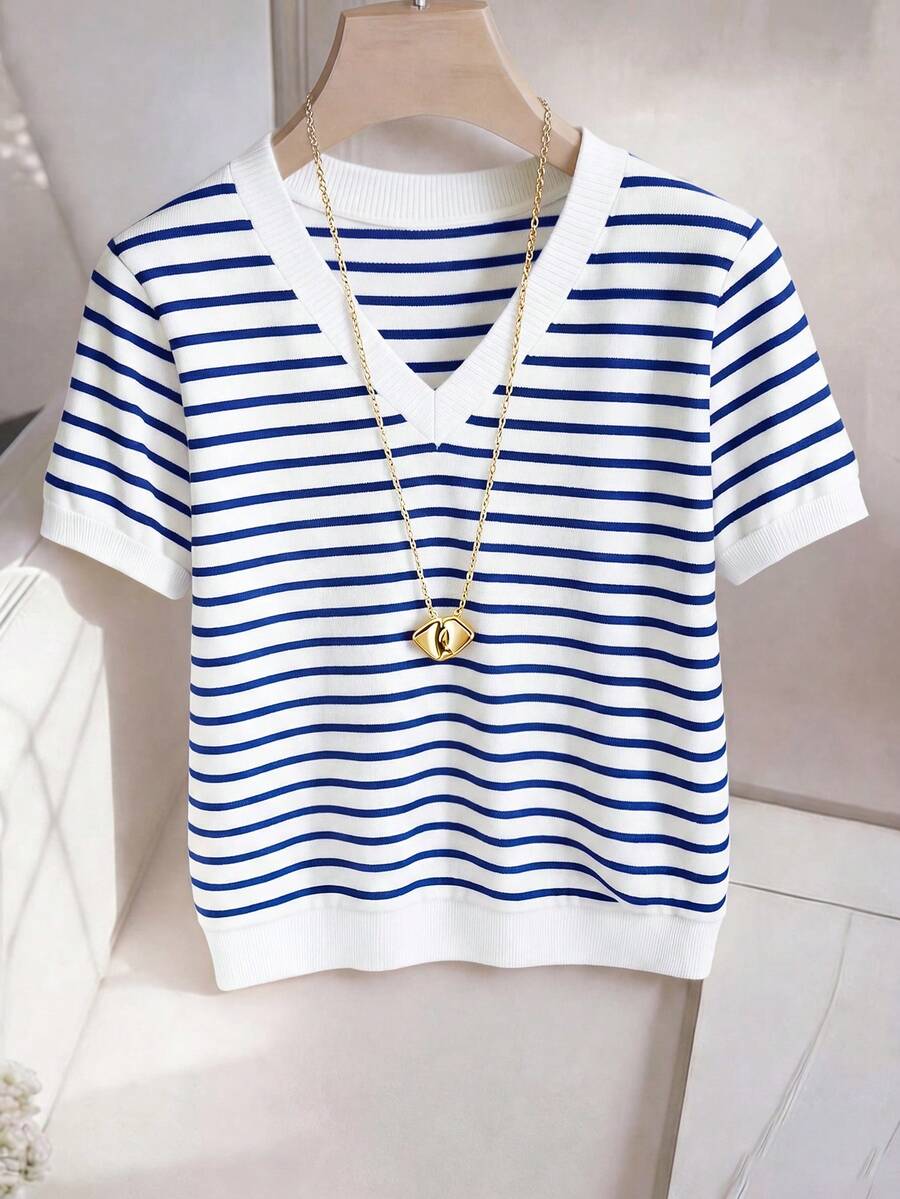 Striped V-Neck Short Sleeve T-Shirt For Women - Image 43