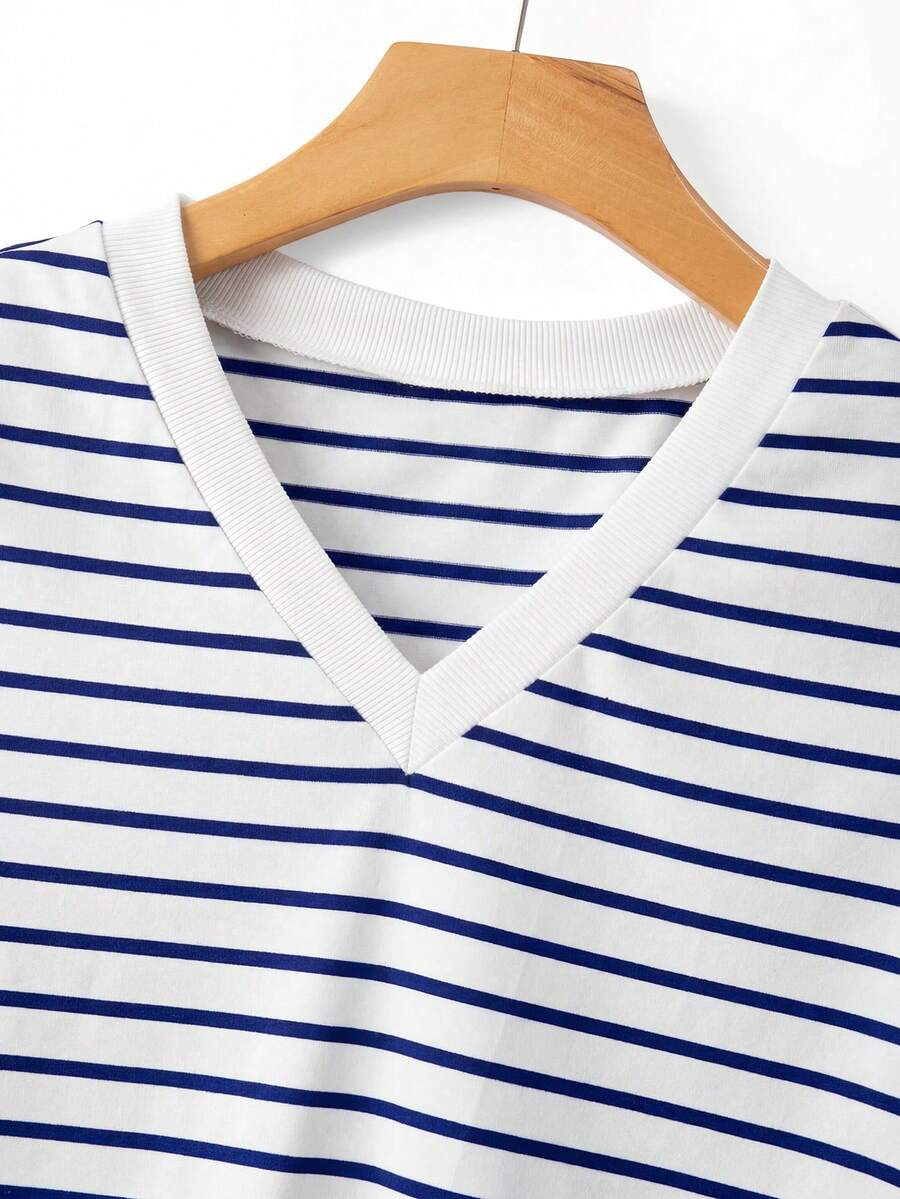 Striped V-Neck Short Sleeve T-Shirt For Women - Image 44