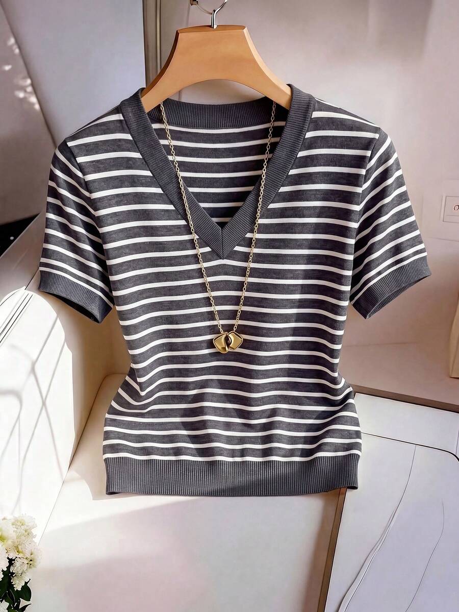 Striped V-Neck Short Sleeve T-Shirt For Women - Image 49