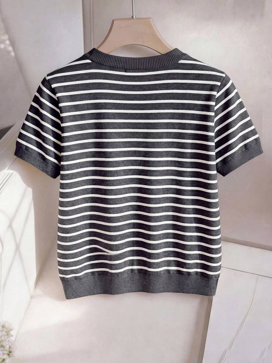 Striped V-Neck Short Sleeve T-Shirt For Women - Image 50
