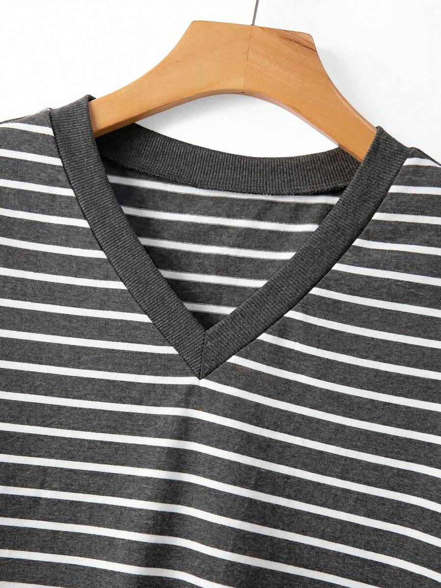 Striped V-Neck Short Sleeve T-Shirt For Women - Image 51
