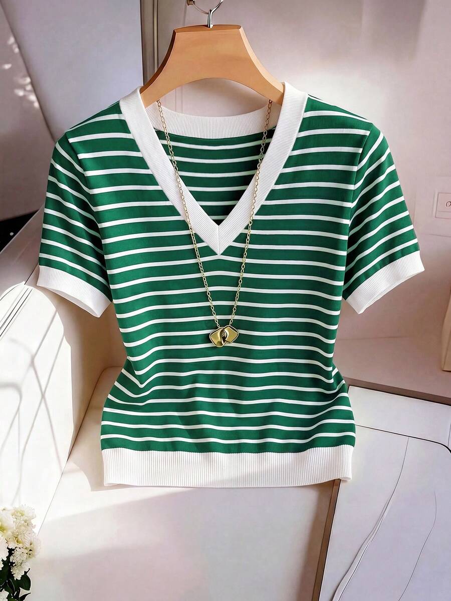 Striped V-Neck Short Sleeve T-Shirt For Women - Image 55