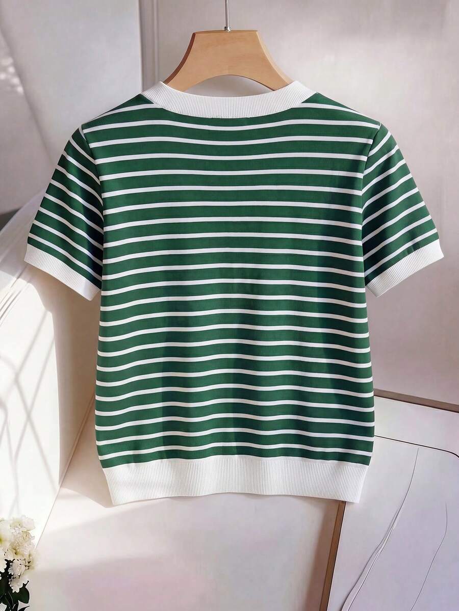 Striped V-Neck Short Sleeve T-Shirt For Women - Image 56