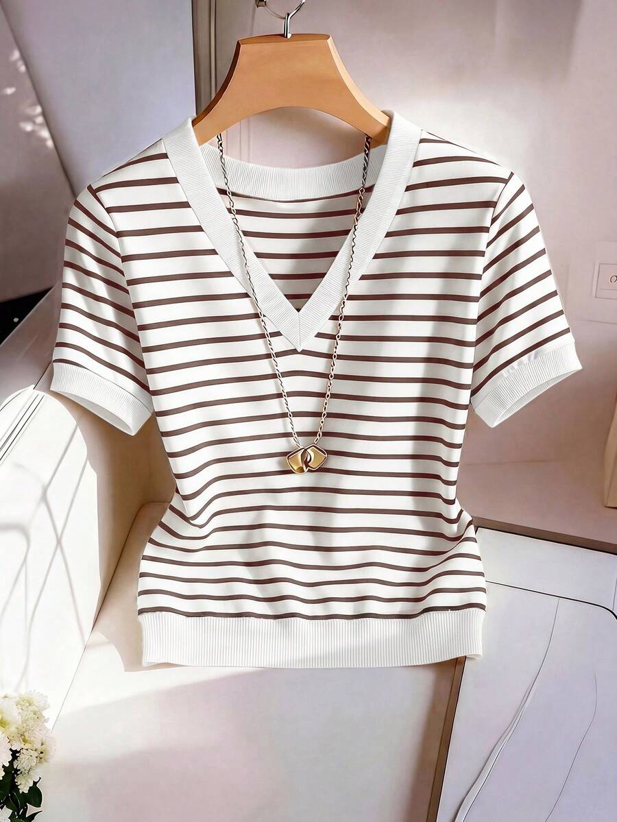 Striped V-Neck Short Sleeve T-Shirt For Women - Image 61