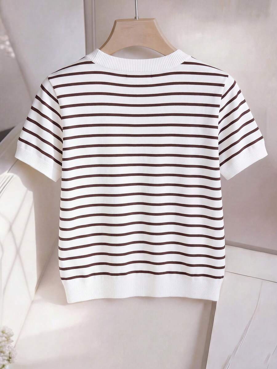 Striped V-Neck Short Sleeve T-Shirt For Women - Image 62