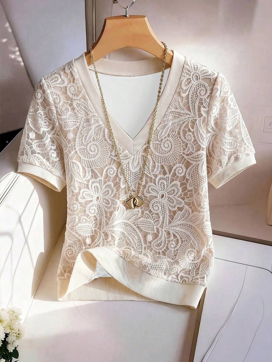 Striped V-Neck Short Sleeve T-Shirt For Women - Image 67