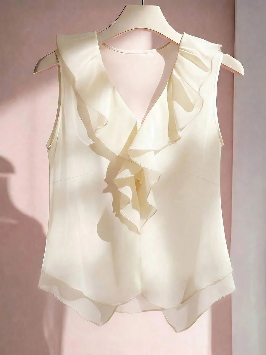 Sleeveless V-Neck Ruffle Blouse For Women - Image 11