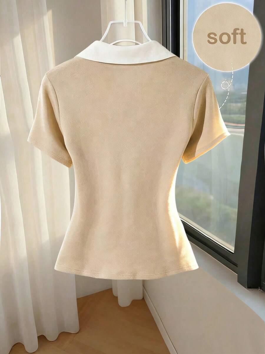 Franclia Women's Beige Summer Casual Elegent Office Shirt Collar Contrasting Color Pleated Top,Formal Business Work Commuting Wear,Fashionable Teacher Attire - Image 2