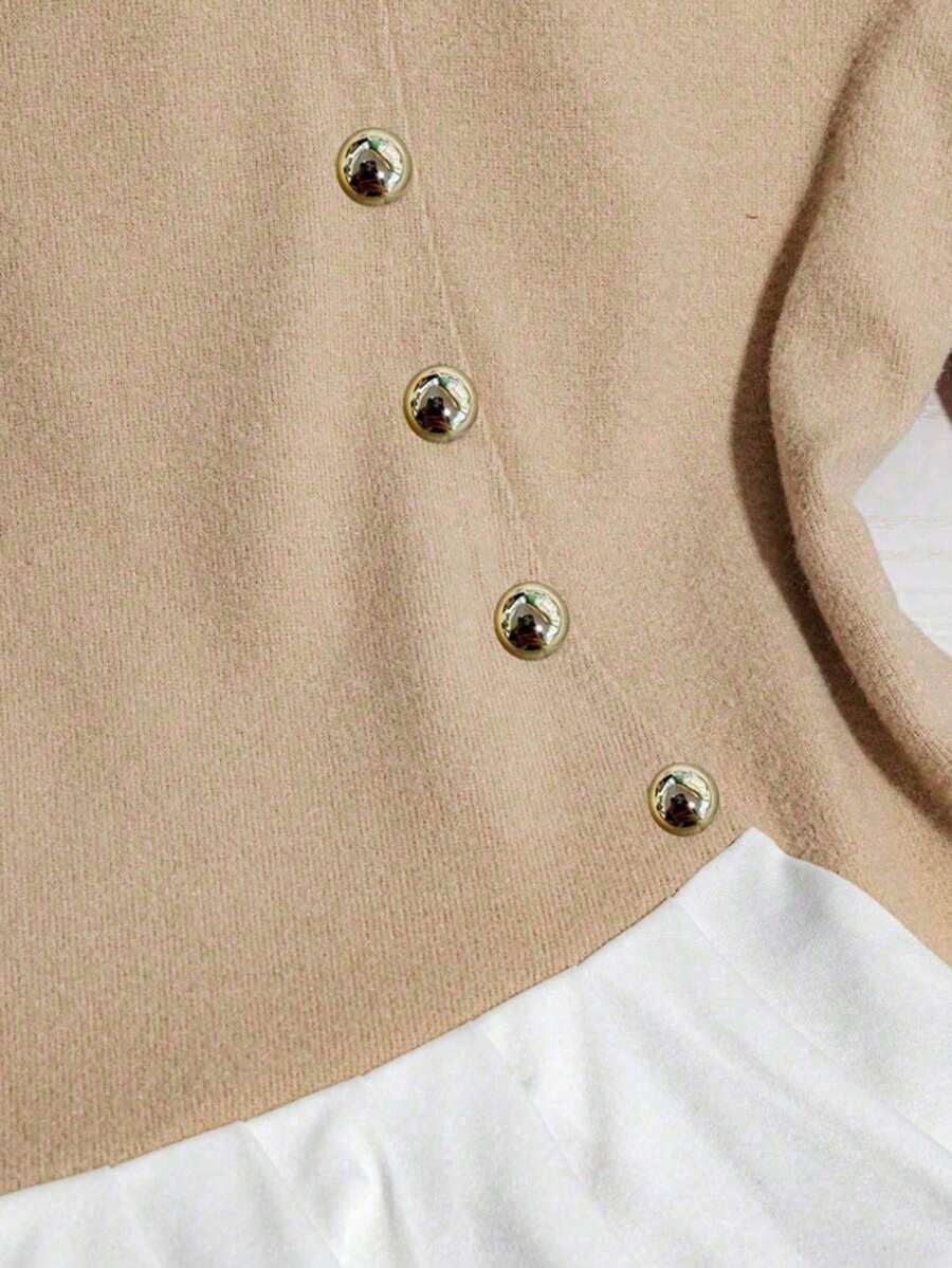 Franclia Women's Beige Summer Casual Elegent Office Shirt Collar Contrasting Color Pleated Top,Formal Business Work Commuting Wear,Fashionable Teacher Attire - Image 3