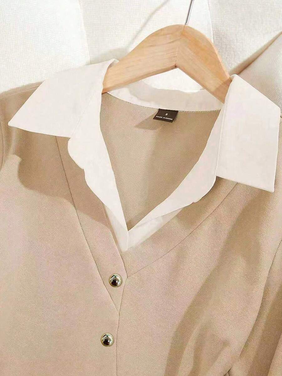 Franclia Women's Beige Summer Casual Elegent Office Shirt Collar Contrasting Color Pleated Top,Formal Business Work Commuting Wear,Fashionable Teacher Attire - Image 4