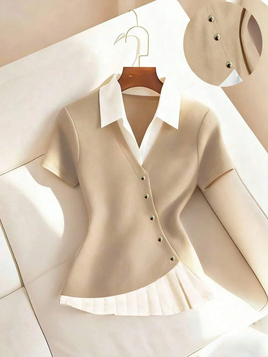 Franclia Women's Beige Summer Casual Elegent Office Shirt Collar Contrasting Color Pleated Top,Formal Business Work Commuting Wear,Fashionable Teacher Attire - Image 5