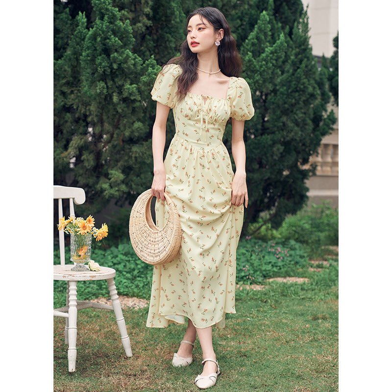 French Hepburn style artistic forest long skirt stunning square neck floral dress FD