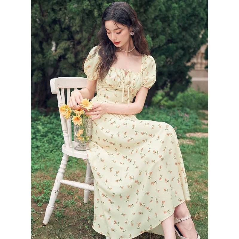 French Hepburn style artistic forest long skirt stunning square neck floral dress FD - Image 3