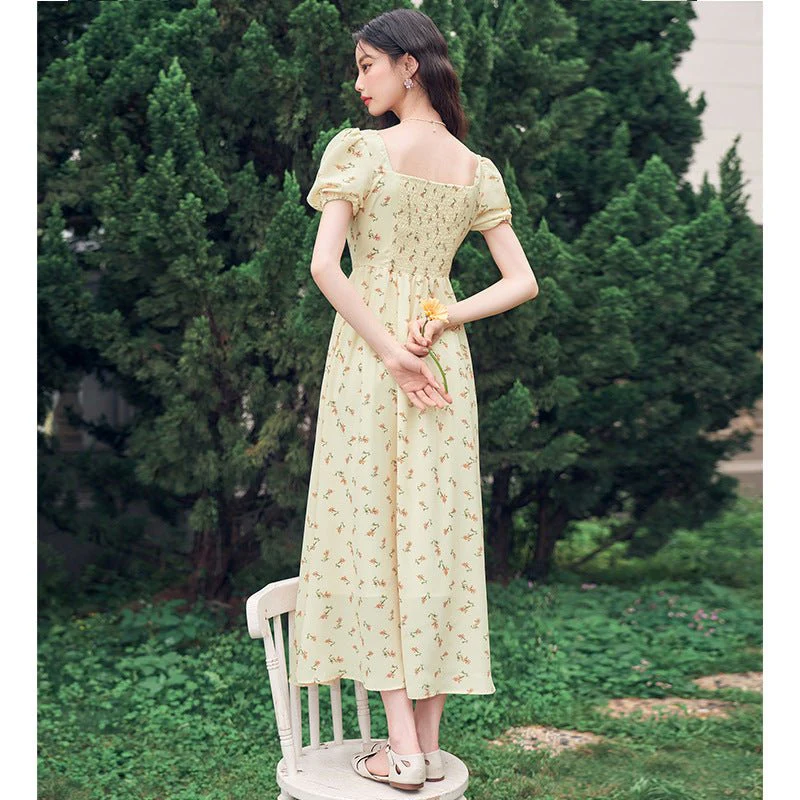 French Hepburn style artistic forest long skirt stunning square neck floral dress FD - Image 4