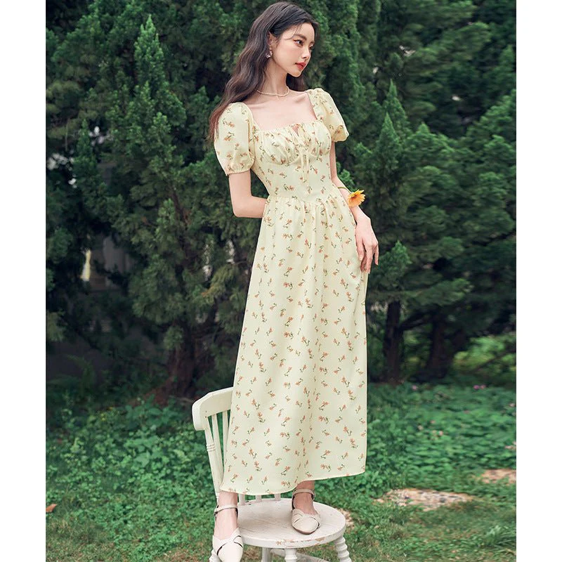 French Hepburn style artistic forest long skirt stunning square neck floral dress FD - Image 5