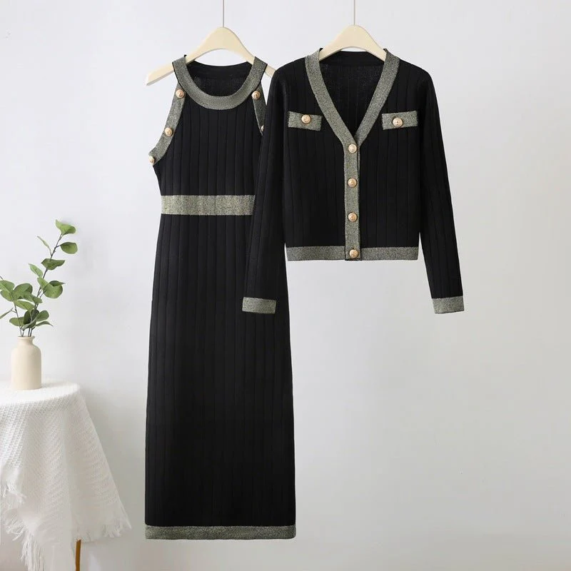 French Style two-piece sweater dress with ribbed sweater jacket FD
