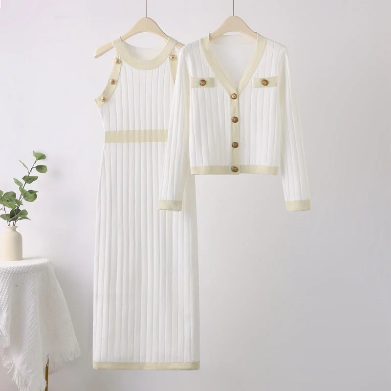 French Style two-piece sweater dress with ribbed sweater jacket FD - Image 7