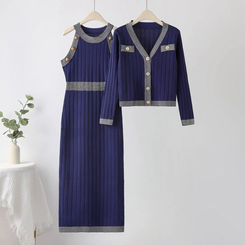 French Style two-piece sweater dress with ribbed sweater jacket FD - Image 9