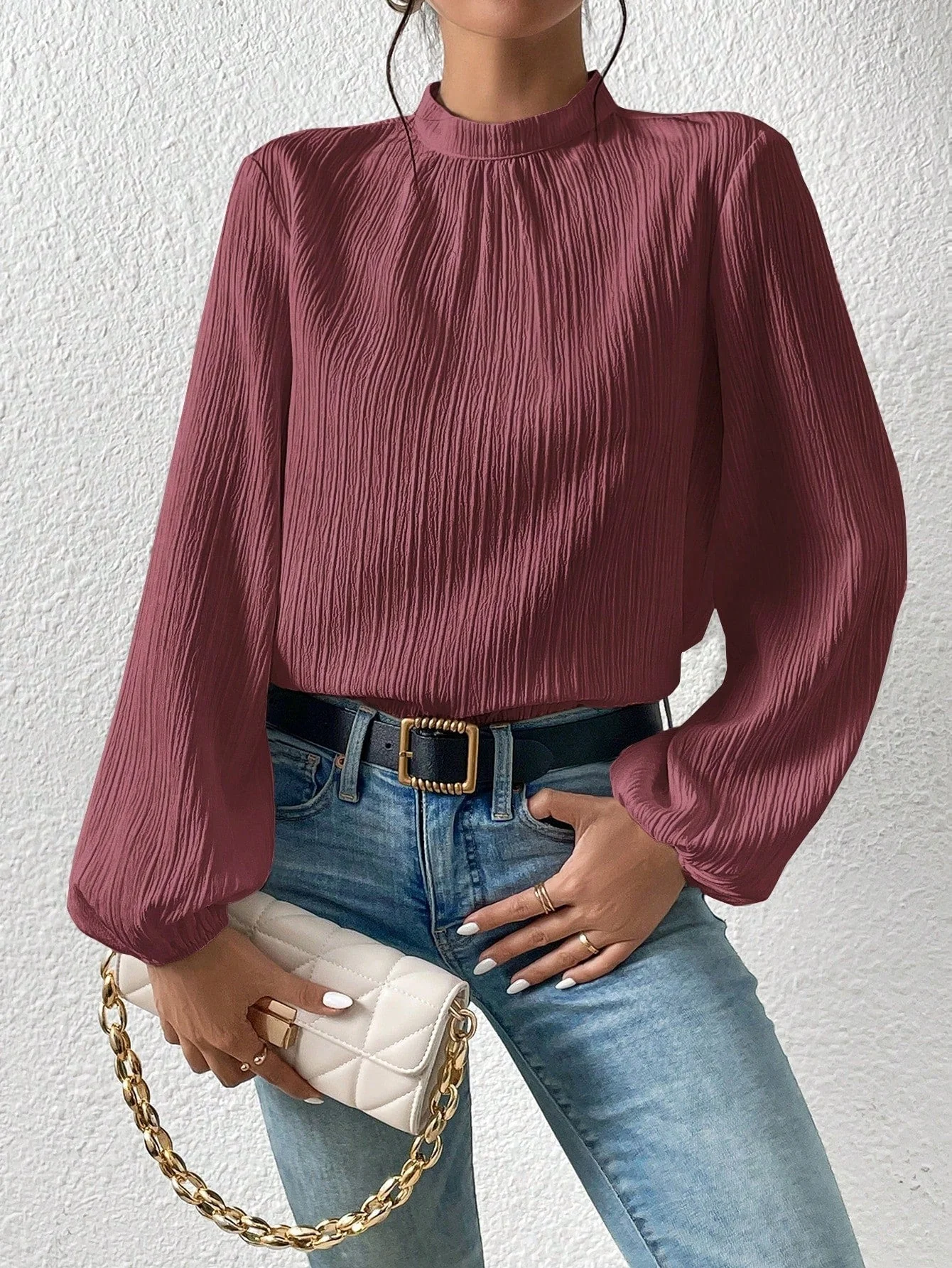 Frenchy Mock Neck Keyhole Back Blouse - Image 3