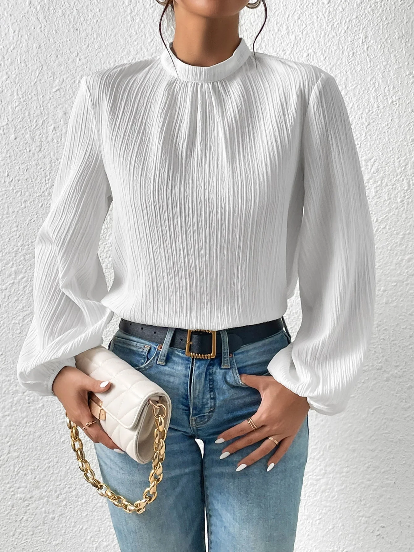 Frenchy Mock Neck Keyhole Back Blouse - Image 6