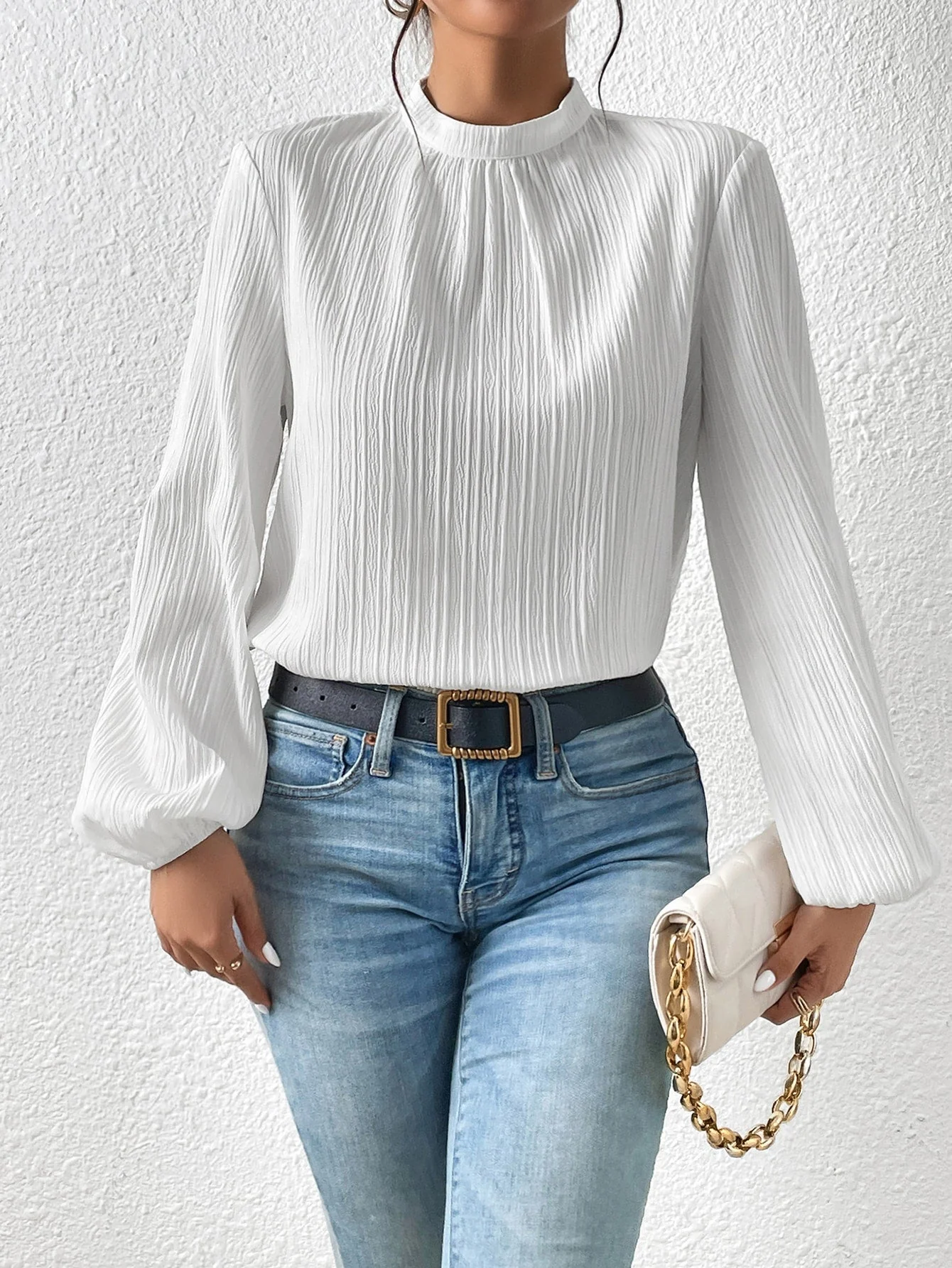 Frenchy Mock Neck Keyhole Back Blouse - Image 8