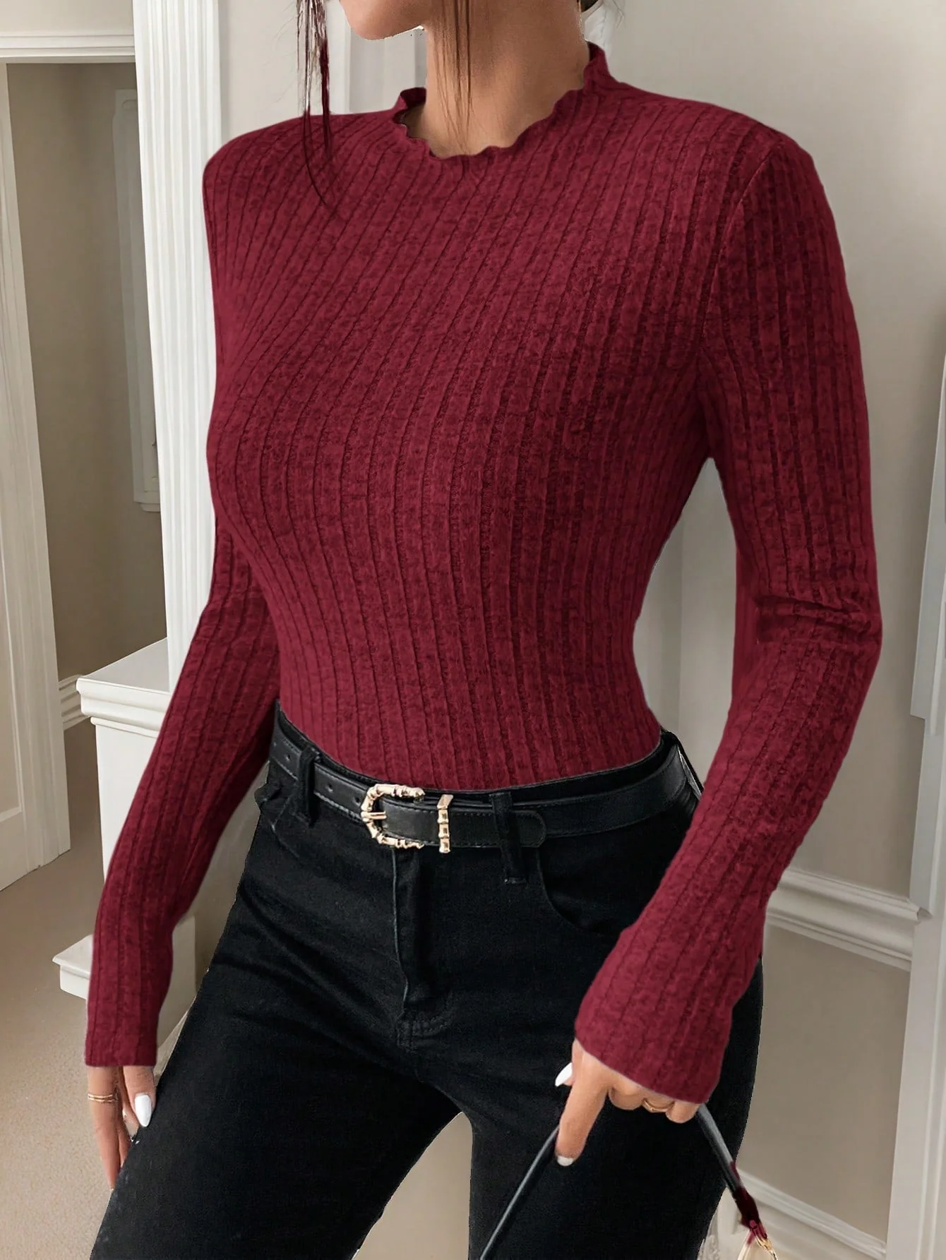 Frenchy Mock Neck Ribbed Knit Textured Fabric Tee - Image 12