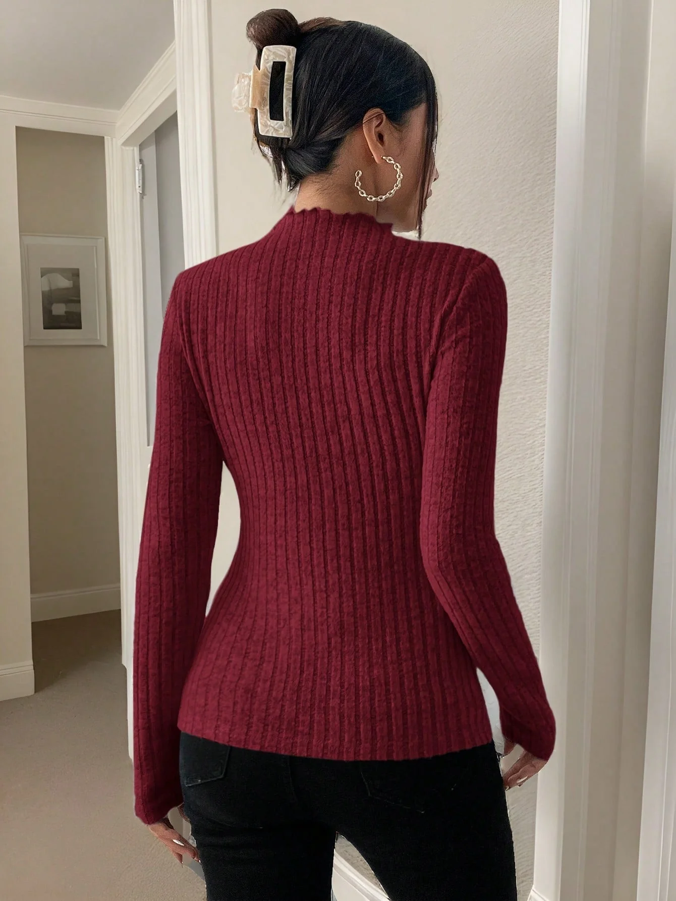 Frenchy Mock Neck Ribbed Knit Textured Fabric Tee - Image 9
