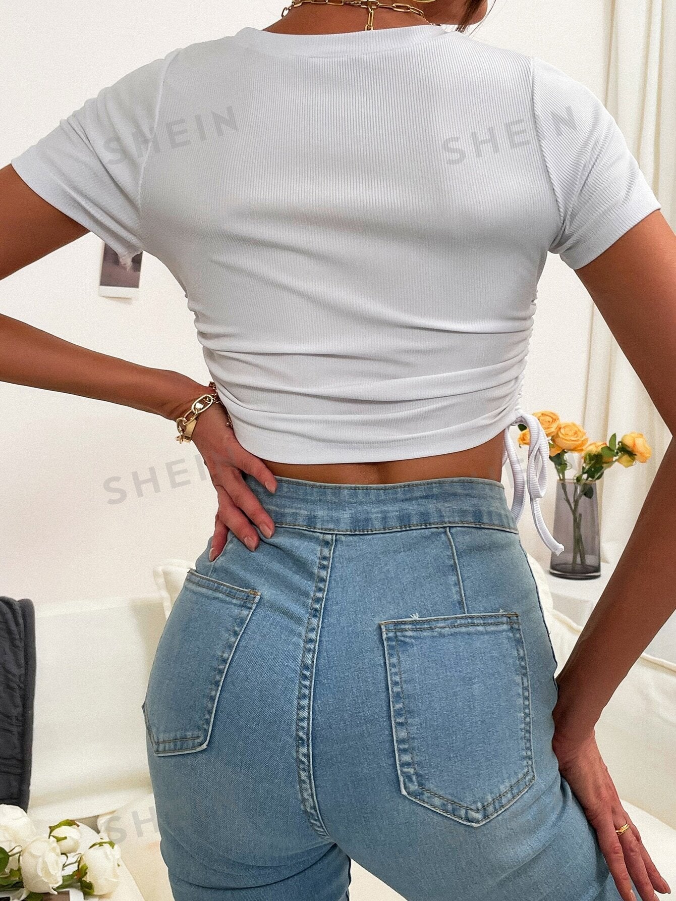 Frenchy Ruched Drawstring Knot Rib-knit Crop Tee - Image 2