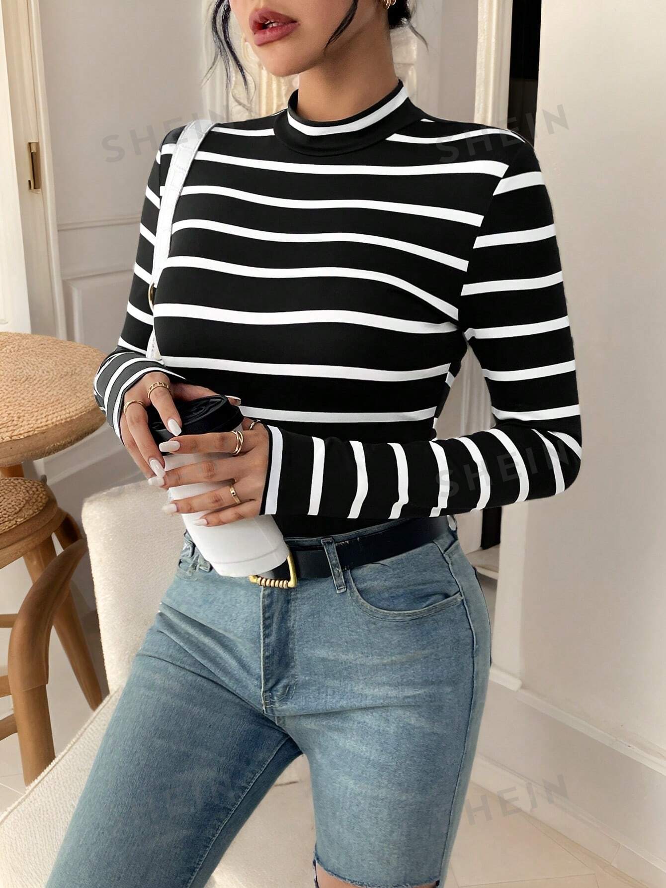 Frenchy Striped Mock Neck Tee,Commute,Minimalist,Office,Old Money,Simple
