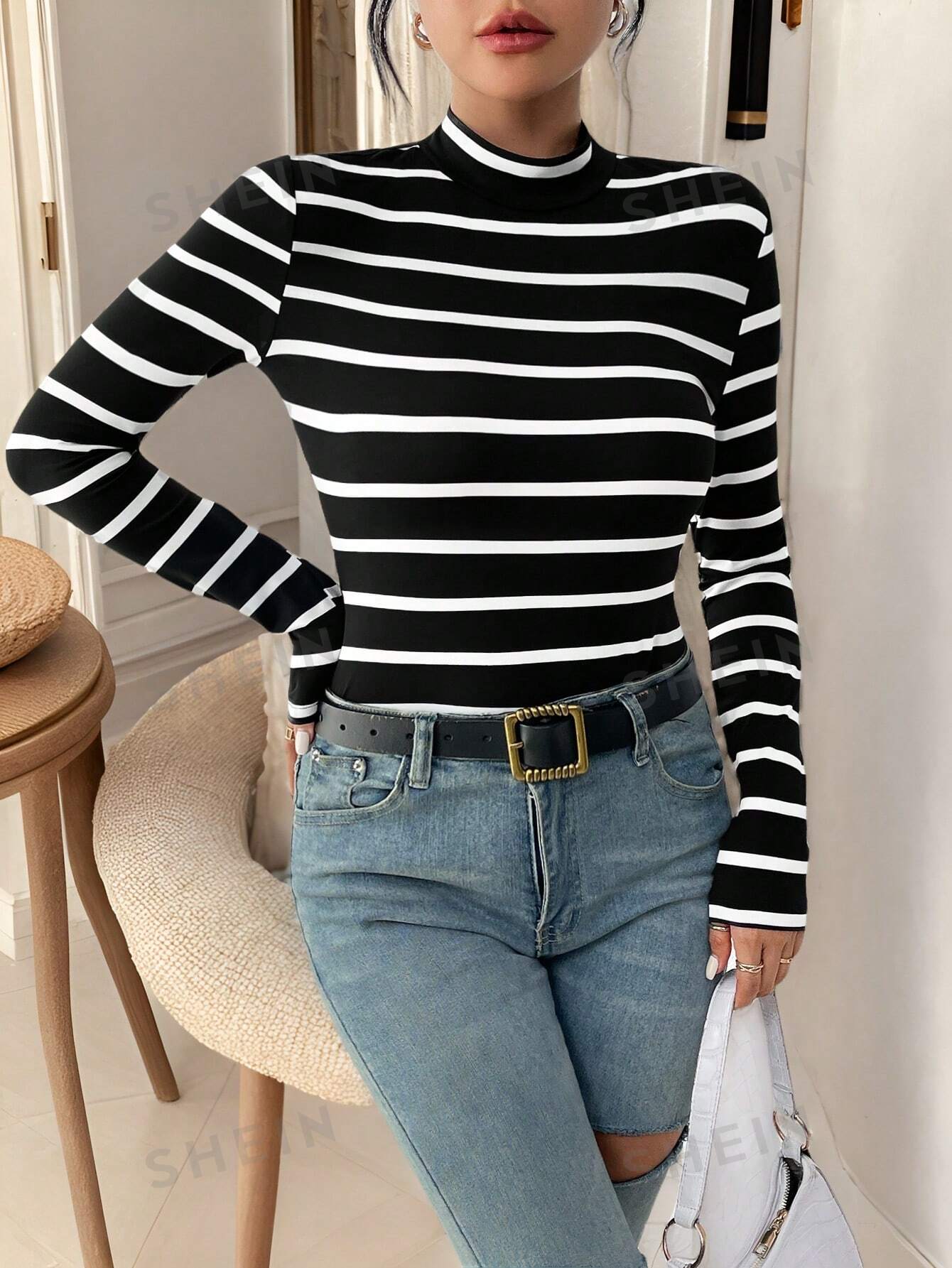 Frenchy Striped Mock Neck Tee,Commute,Minimalist,Office,Old Money,Simple - Image 6