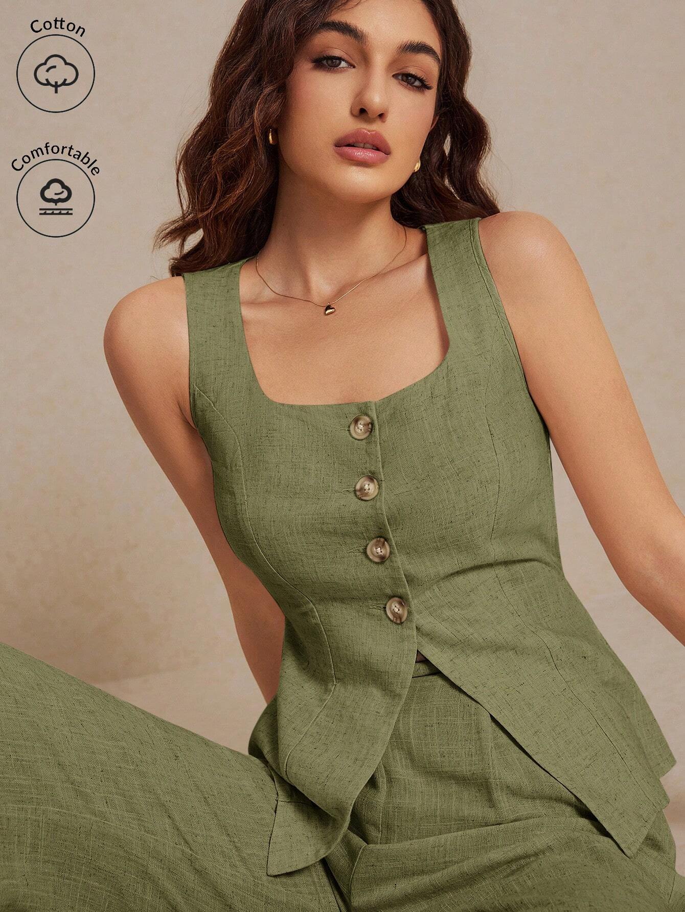 Frenchy Summer Linen Color  Linen Suit Vest Two-Piece Set - Image 18