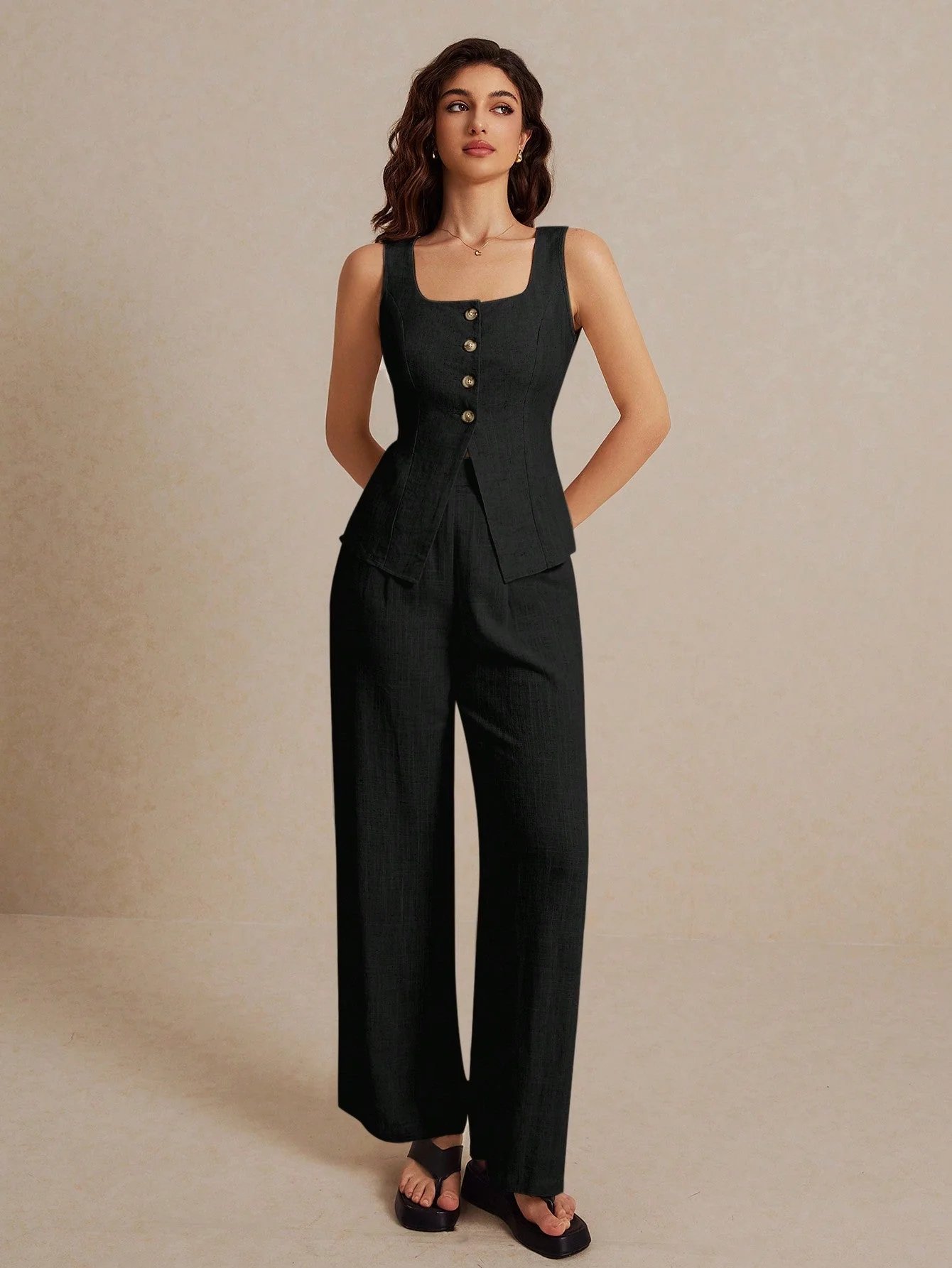 Frenchy Summer Linen Color  Linen Suit Vest Two-Piece Set - Image 2