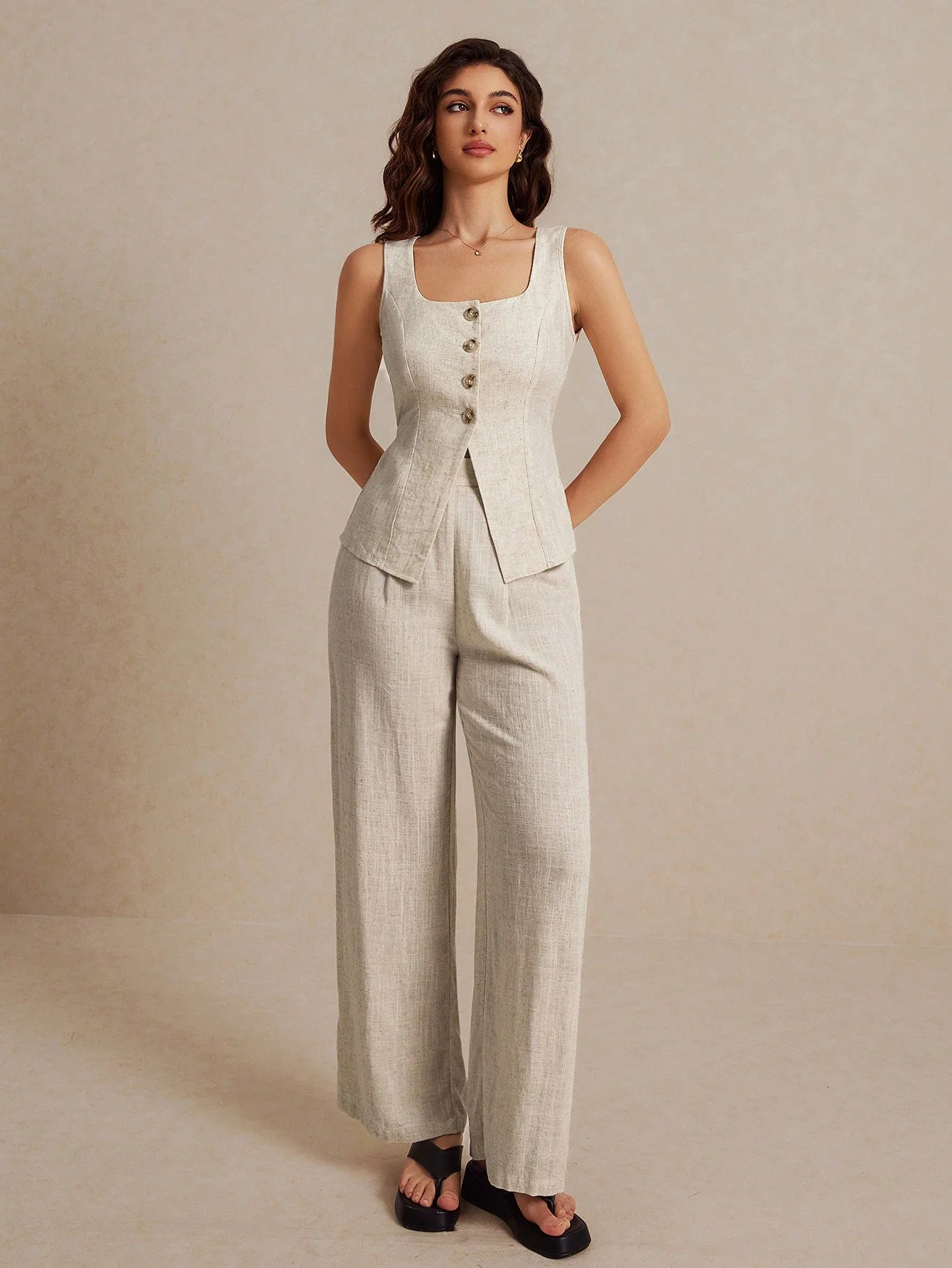 Frenchy Summer Linen Color  Linen Suit Vest Two-Piece Set - Image 7