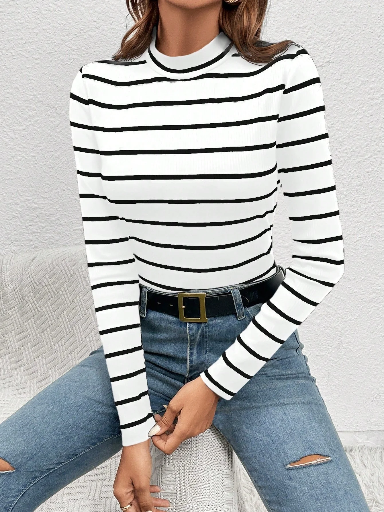 Frenchy Women's Round Neck Long Sleeve Striped Casual Top (FD) - Image 8